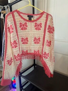 Victoria Emerson Cream Crochet Sweater with Pink Floral Appliqués and Fringe